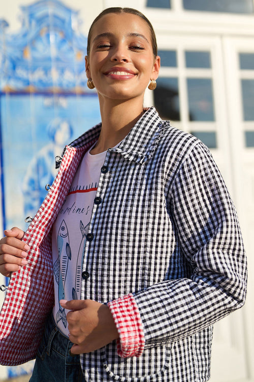Yumi Black Gingham Frill Collar Jacket
