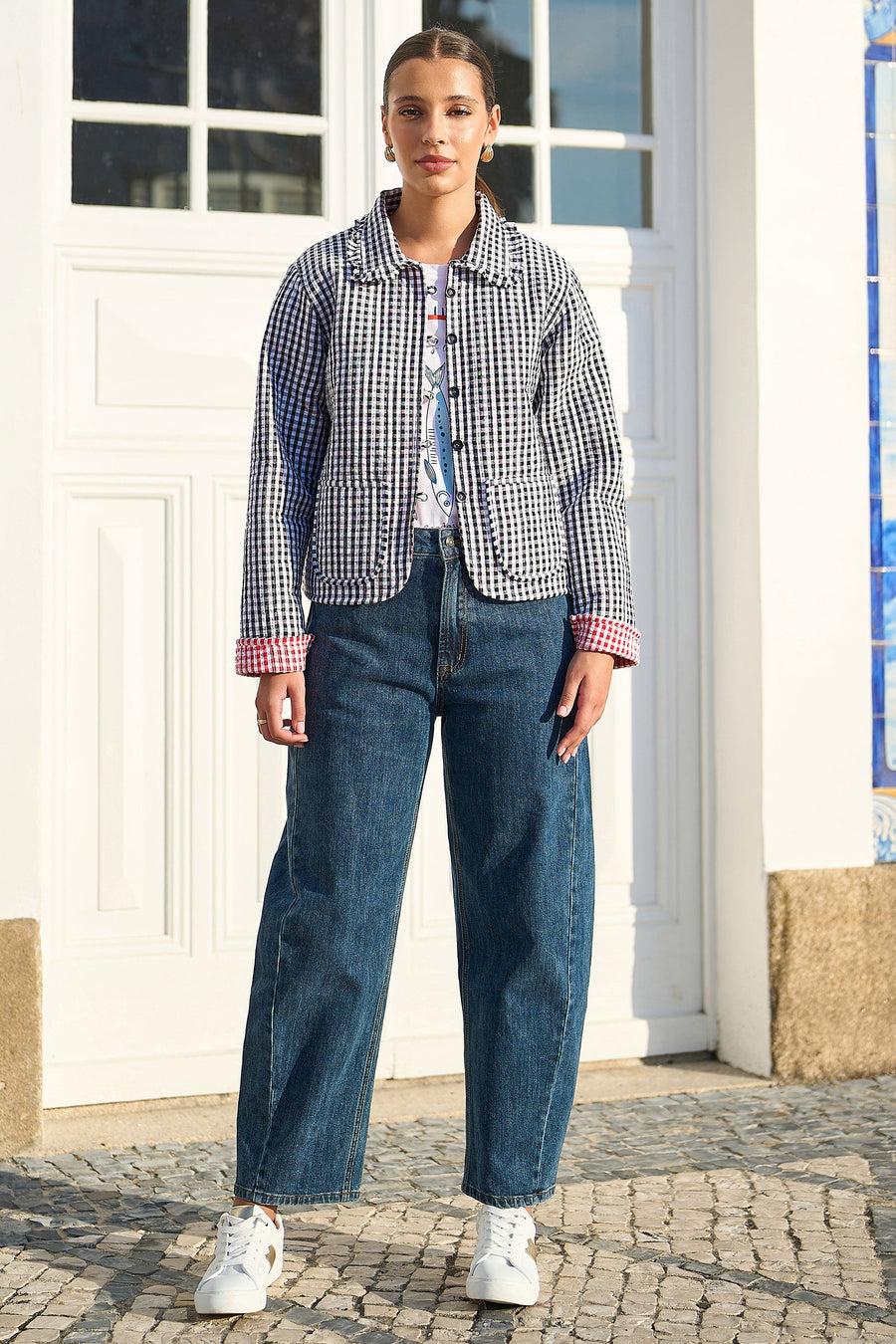 Yumi Black Gingham Frill Collar Jacket