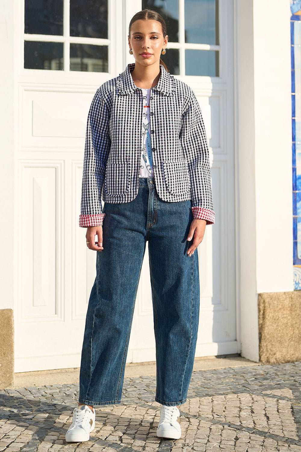 Yumi Black Gingham Frill Collar Jacket