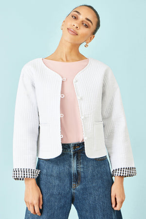 Yumi White Gingham Reversible Cotton Quilted Cropped Jacket