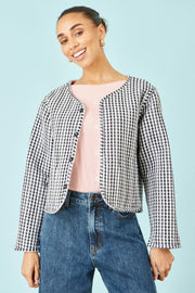 Yumi White Gingham Reversible Cotton Quilted Cropped Jacket