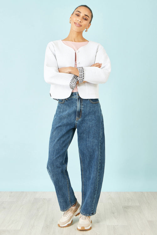 Yumi White Gingham Reversible Cotton Quilted Cropped Jacket