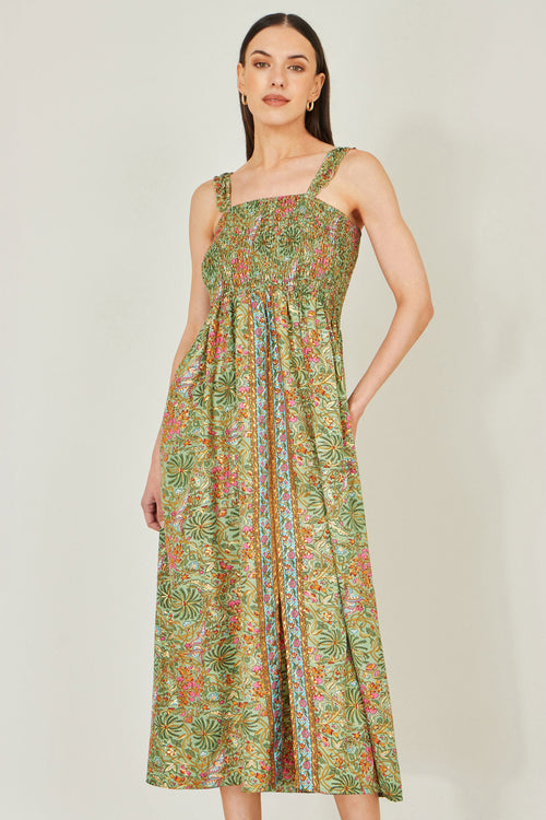 Yumi Green Foil Palm Print Ruched Maxi Dress With Border Detail