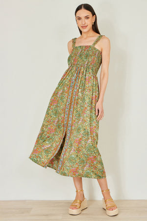 Yumi Green Foil Palm Print Ruched Maxi Dress With Border Detail