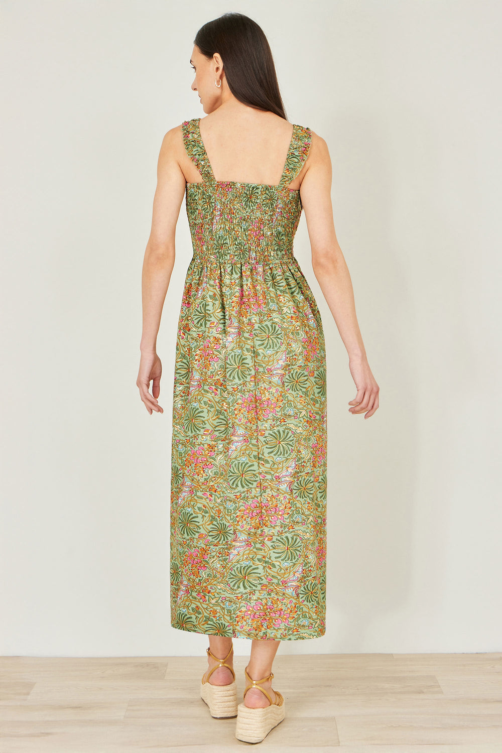 Yumi Green Foil Palm Print Ruched Maxi Dress With Border Detail