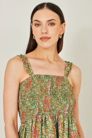Yumi Green Foil Palm Print Ruched Maxi Dress With Border Detail
