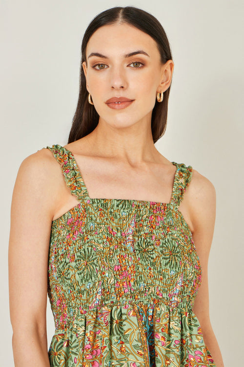 Yumi Green Foil Palm Print Ruched Maxi Dress With Border Detail