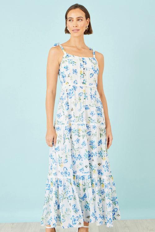 Yumi White Butterfly Print Lace Trim Maxi Dress
