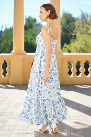 Yumi White Butterfly Print Lace Trim Maxi Dress