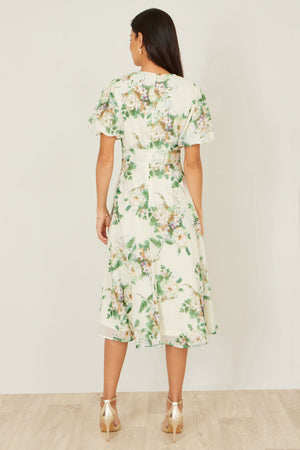Yumi Ivory Floral Tea Dress With Front Ties