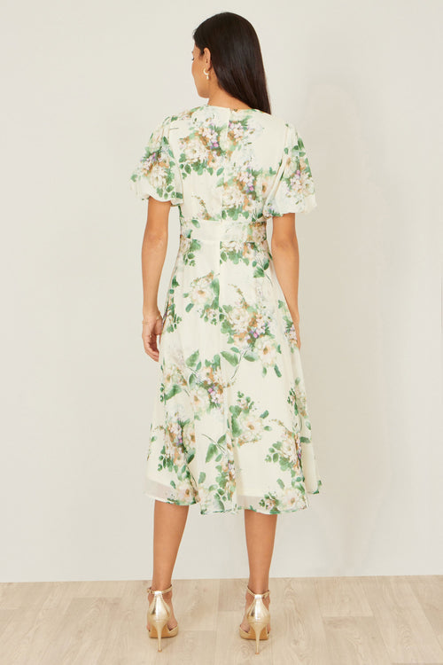 Yumi Ivory Floral Tea Dress With Front Ties