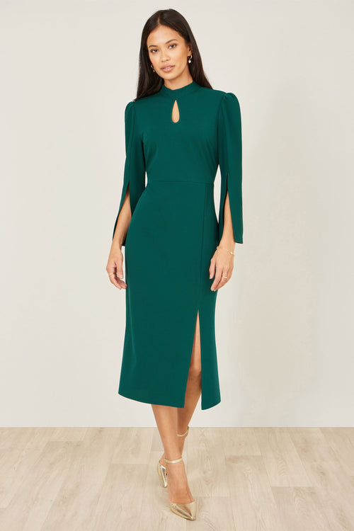 Yumi Green Fitted Midi Dress With Flute Sleeves