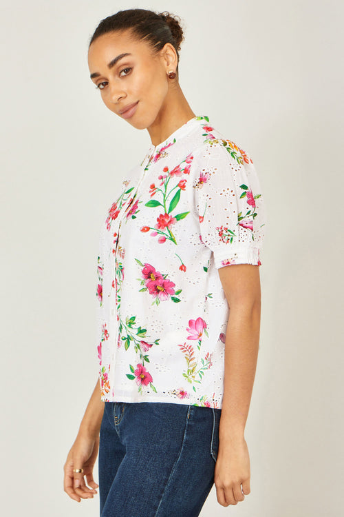 Yumi White Cotton Broderie Anglaise Floral Shirt
