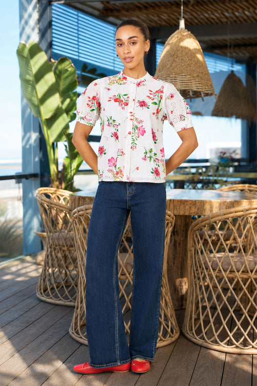 Yumi White Cotton Broderie Anglaise Floral Shirt