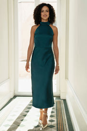 Yumi Green Satin Halter Neck Midi Dress