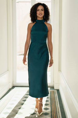 Yumi Green Satin Halter Neck Midi Dress