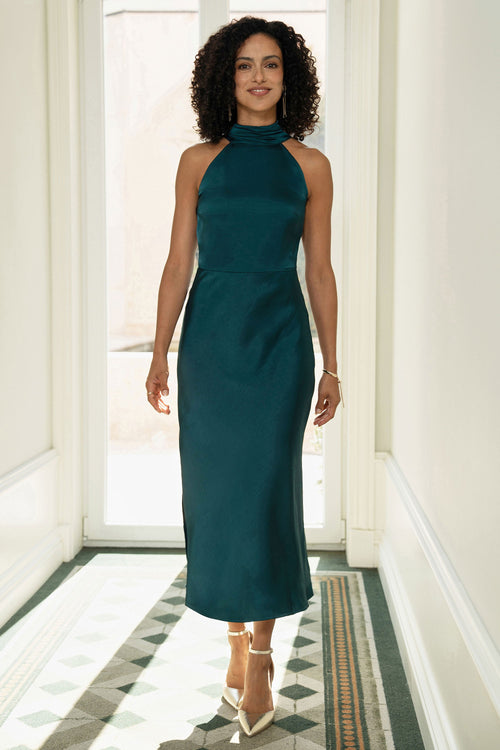 Yumi Green Satin Halter Neck Midi Dress