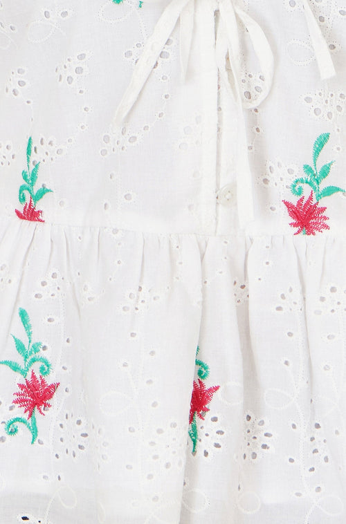 Yumi White Cotton Broderie Anglaise Embroidered Tie Top