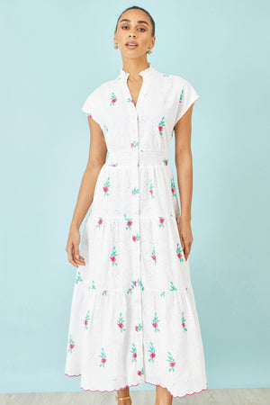 Yumi White Cotton Broderie Anglaise Embroidered Midi Dress