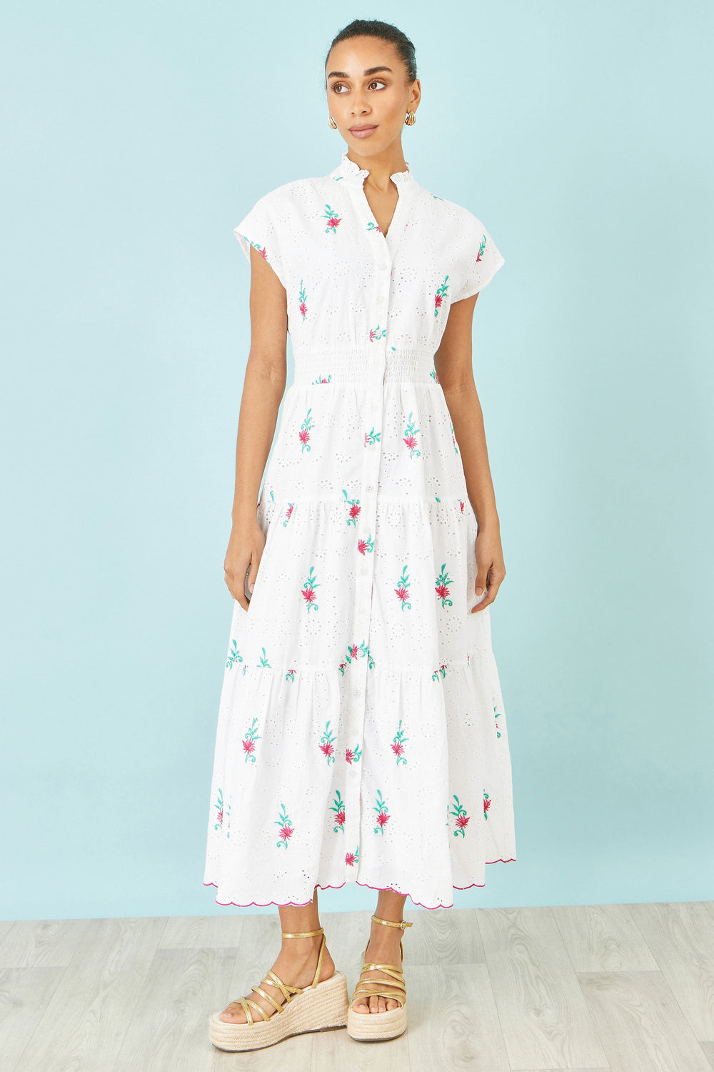Yumi White Cotton Broderie Anglaise Embroidered Midi Dress