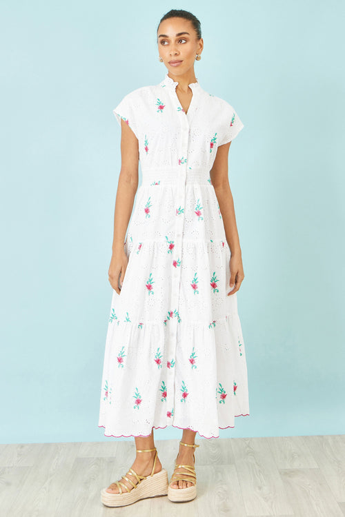 Yumi White Cotton Broderie Anglaise Embroidered Midi Dress