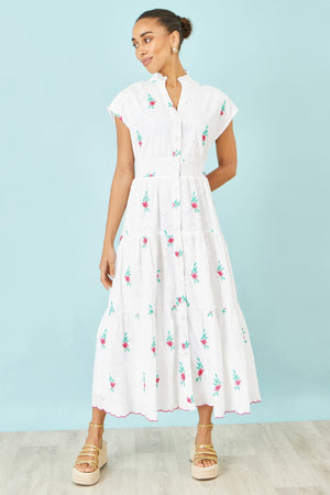 Yumi White Cotton Broderie Anglaise Embroidered Midi Dress