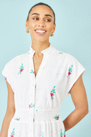 Yumi White Cotton Broderie Anglaise Embroidered Midi Dress