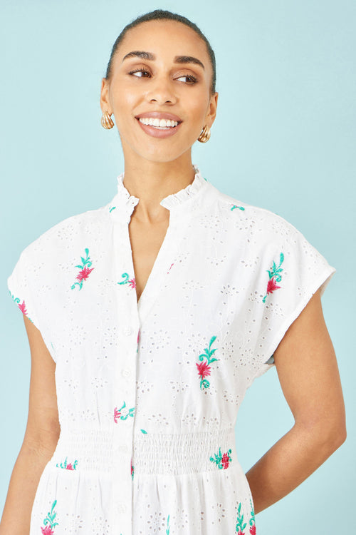 Yumi White Cotton Broderie Anglaise Embroidered Midi Dress