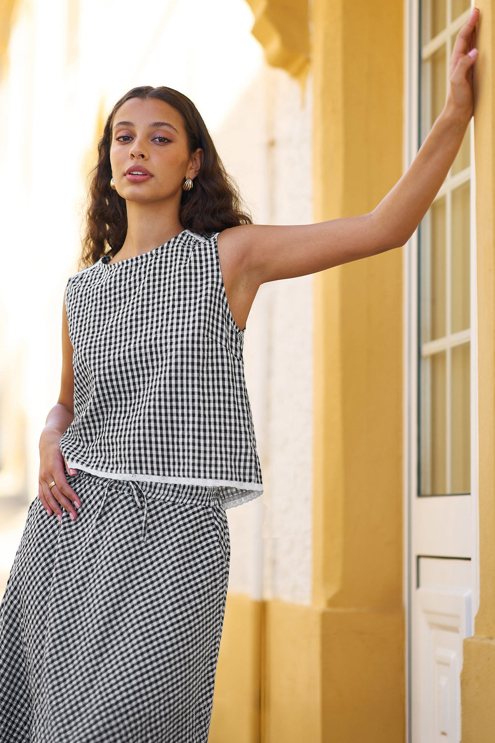 Yumi Black Gingham Cotton Midi Skirt