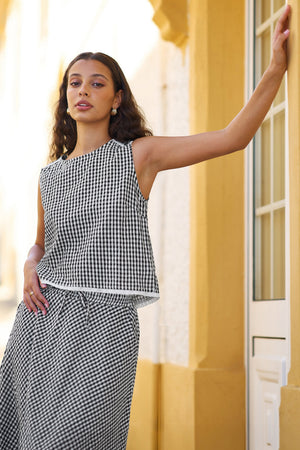 Yumi Black Gingham Cotton Midi Skirt