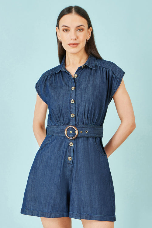 Yumi Blue Chambray Cotton Playsuit
