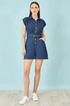 Yumi Blue Chambray Cotton Playsuit
