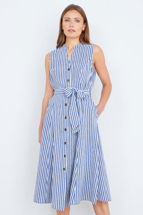 Yumi Navy Stripe Midi Sleeveless Shirt Dress