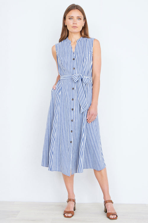 Yumi Navy Stripe Midi Sleeveless Shirt Dress