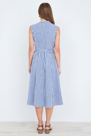 Yumi Navy Stripe Midi Sleeveless Shirt Dress