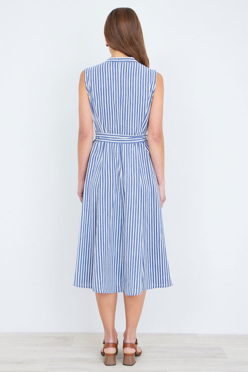 Yumi Navy Stripe Midi Sleeveless Shirt Dress