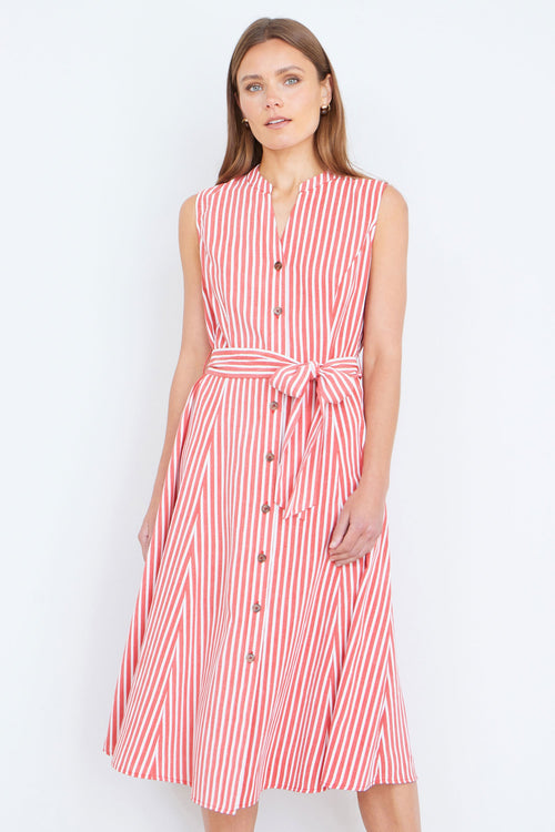Yumi Red Stripe Midi Sleeveless Shirt Dress