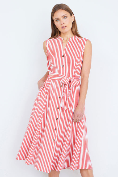 Yumi Red Stripe Midi Sleeveless Shirt Dress