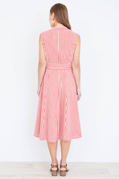 Yumi Red Stripe Midi Sleeveless Shirt Dress