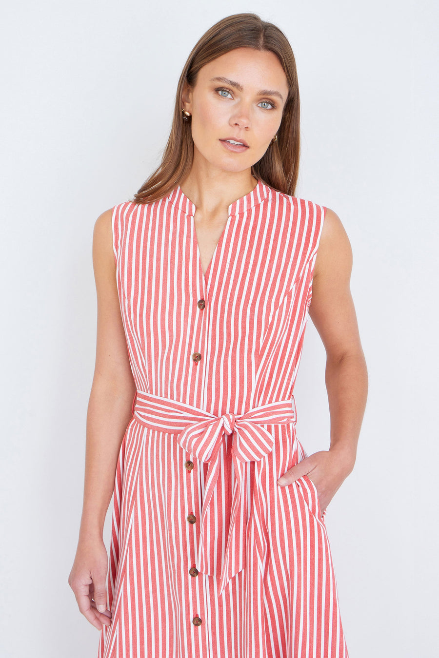 Yumi Red Stripe Midi Sleeveless Shirt Dress