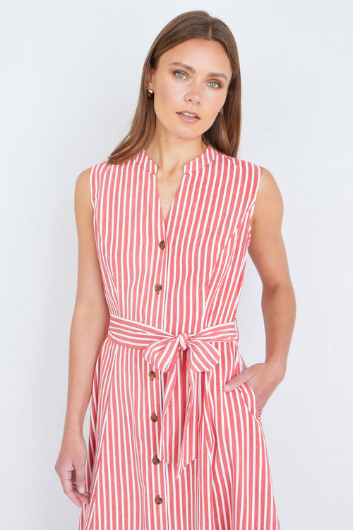 Yumi Red Stripe Midi Sleeveless Shirt Dress