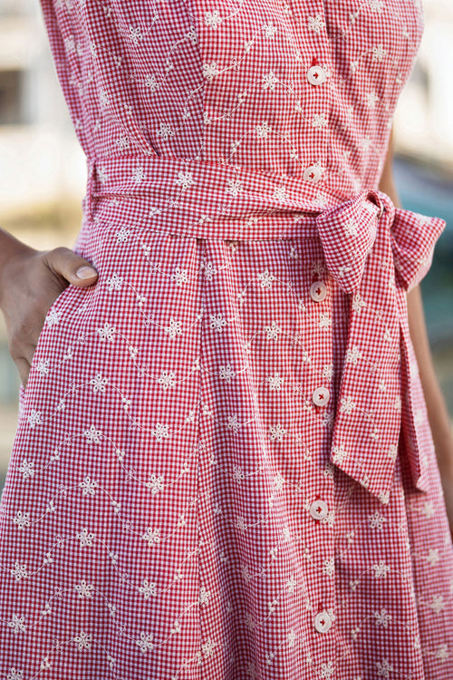Yumi Red Broderie Anglaise Embroidered Sleeveless Shirt Dress
