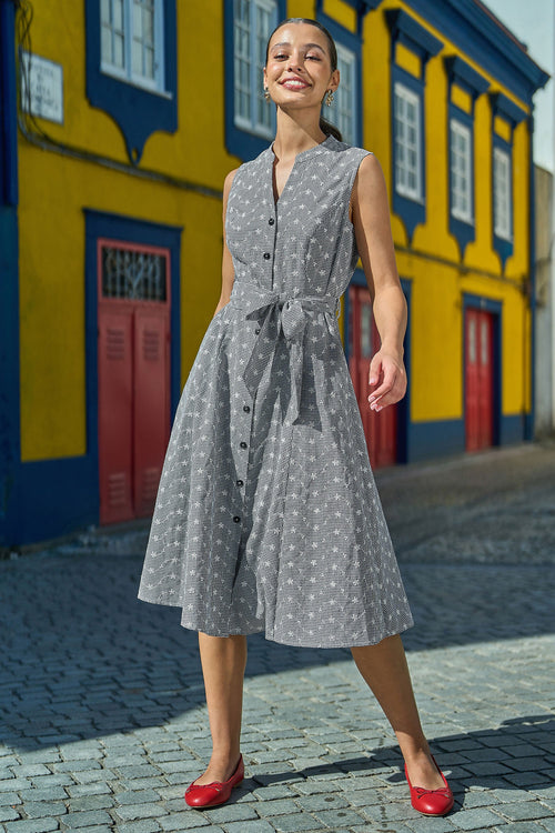 Yumi Black Broderie Anglaise Embroidered Sleeveless Shirt Dress
