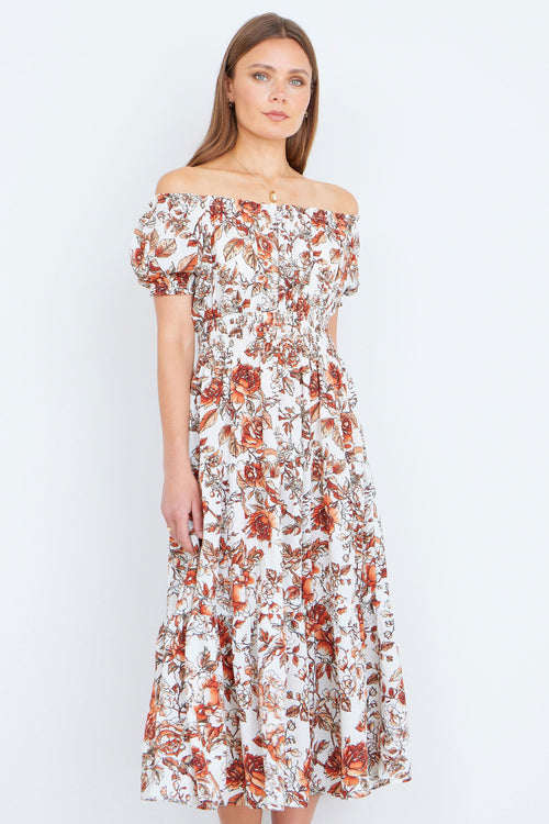 Yumi Orange Floral Ruched Waist Midi Dress