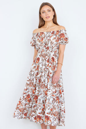 Yumi Orange Floral Ruched Waist Midi Dress