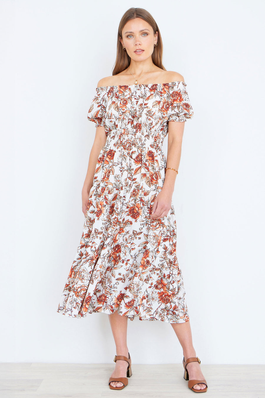 Yumi Orange Floral Ruched Waist Midi Dress