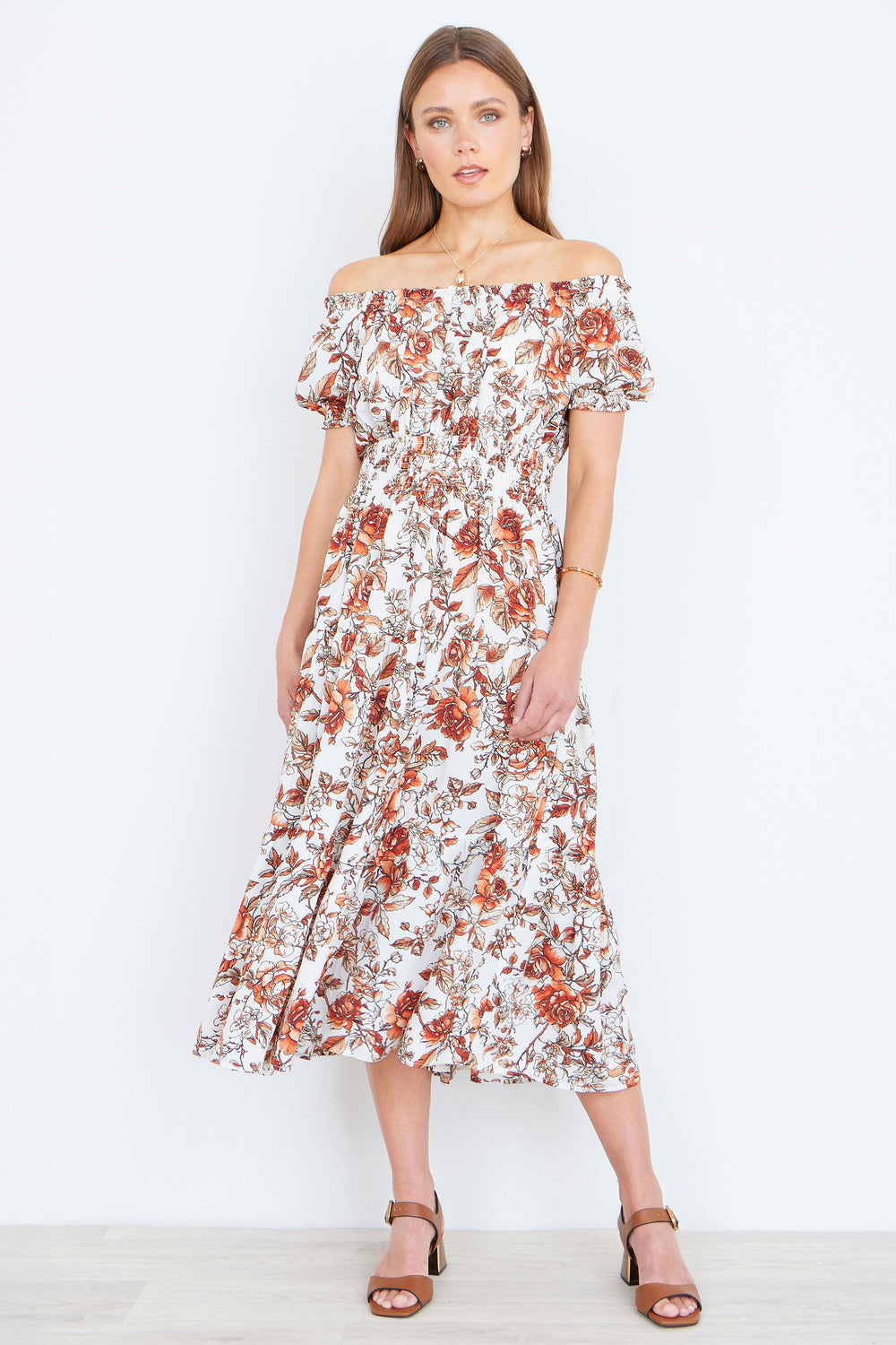 Yumi Orange Floral Ruched Waist Midi Dress