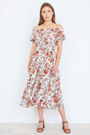 Yumi Orange Floral Ruched Waist Midi Dress