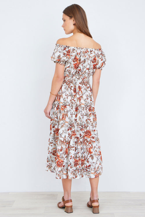 Yumi Orange Floral Ruched Waist Midi Dress