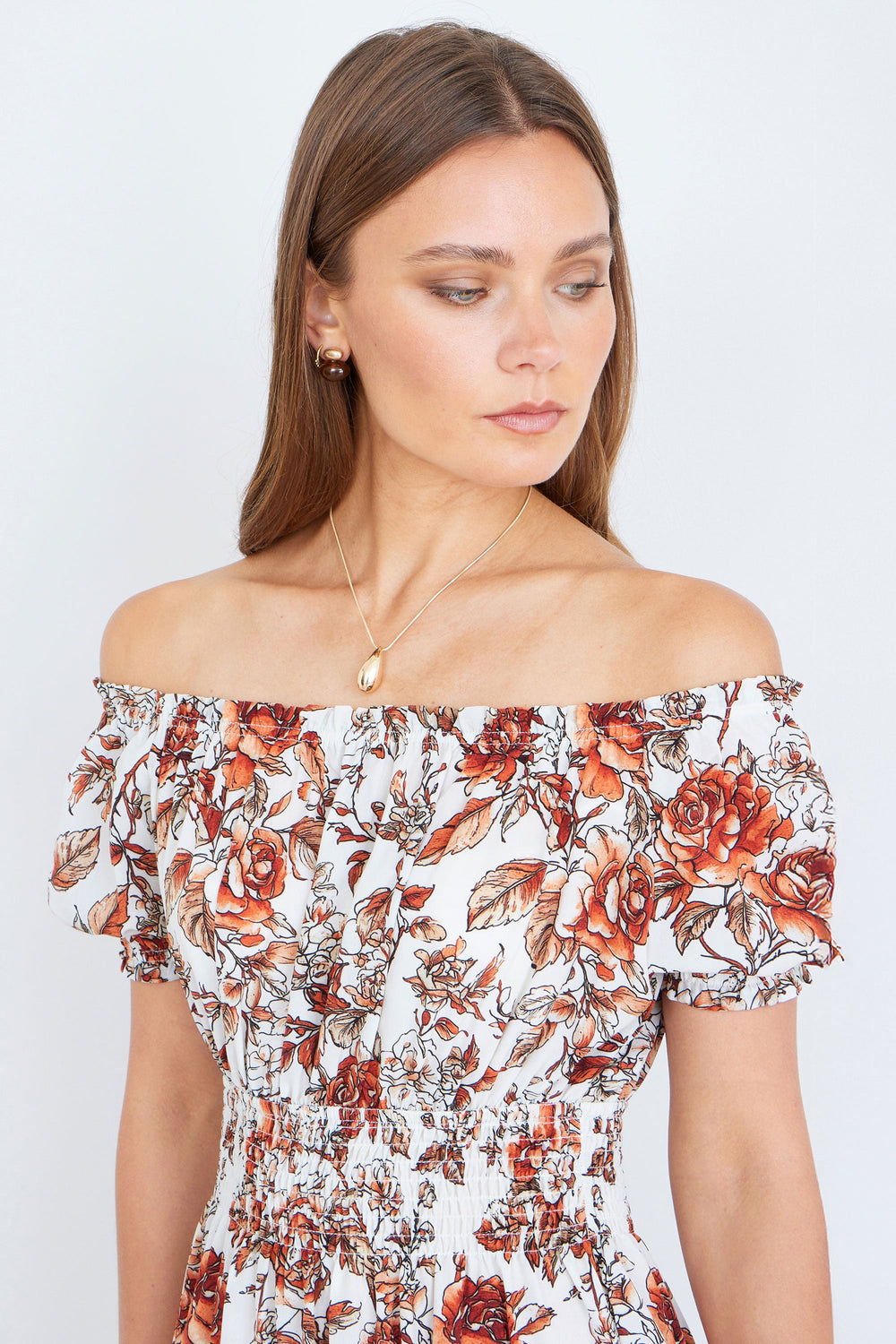 Yumi Orange Floral Ruched Waist Midi Dress